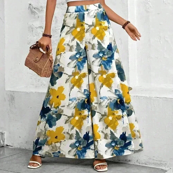 White Boho Women's Floral Print Super Wide-Leg Pants - Picture 1 of 5